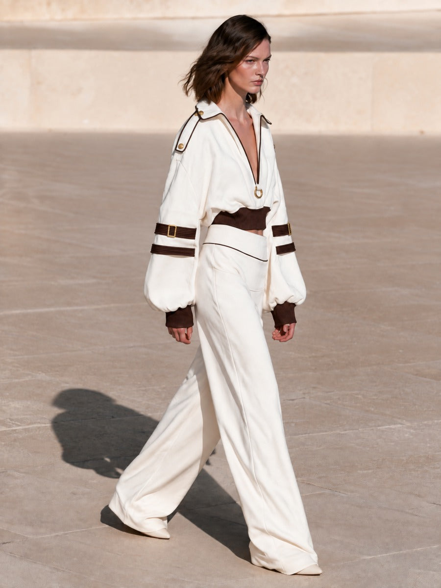 Women's Ivory Two-Piece Set Cropped Balloon Sleeve Pullover Top With Maxi Skirt