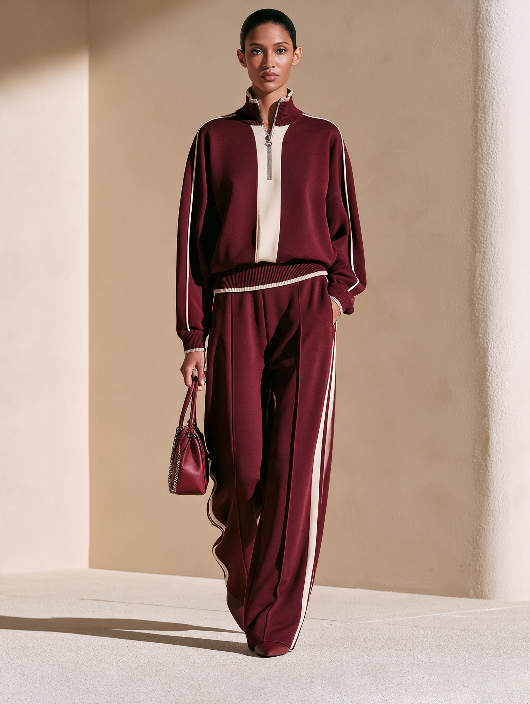 Women's Half-Zip Stand Collar Top and Wide-Leg Track Pants Set