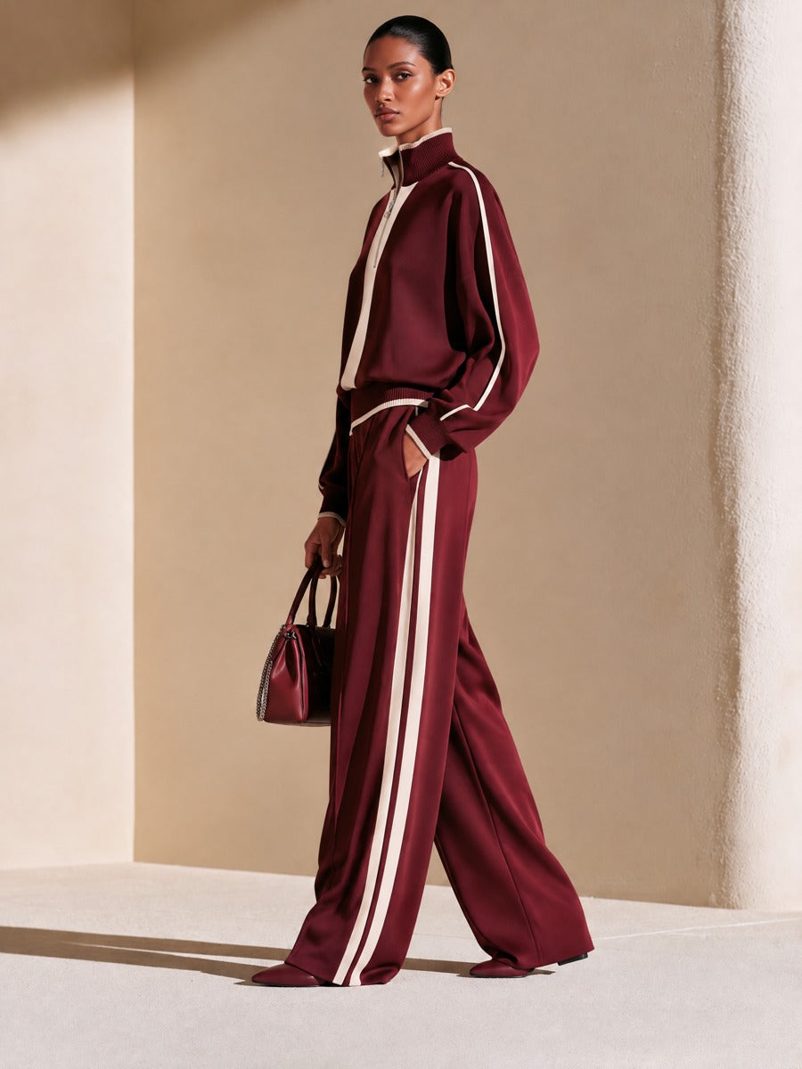 Women's Half-Zip Stand Collar Top and Wide-Leg Track Pants Set