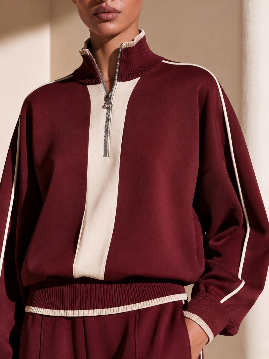Women's Half-Zip Stand Collar Top and Wide-Leg Track Pants Set