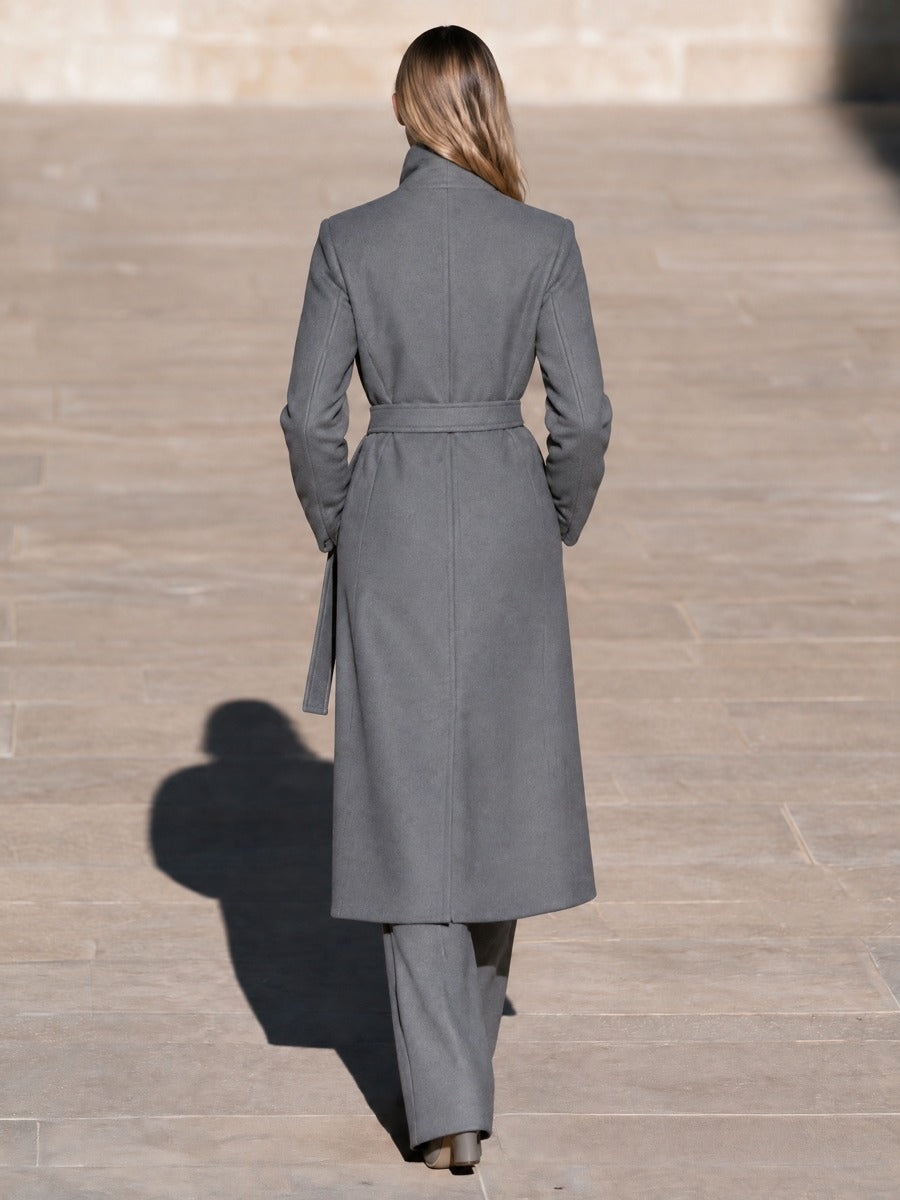 Women's Grey Belted Wrap Long Coat with Stand Collar and Flap Pockets