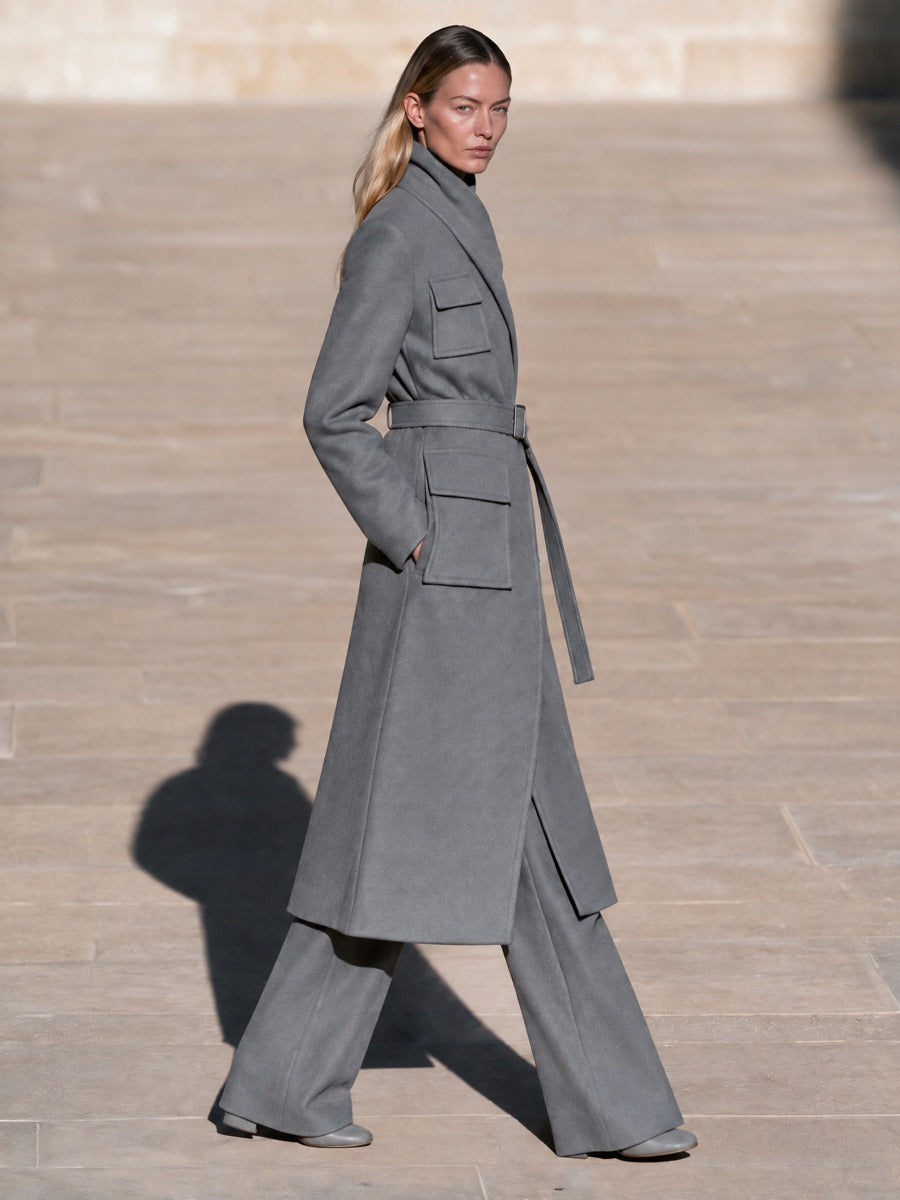 Women's Grey Belted Wrap Long Coat with Stand Collar and Flap Pockets