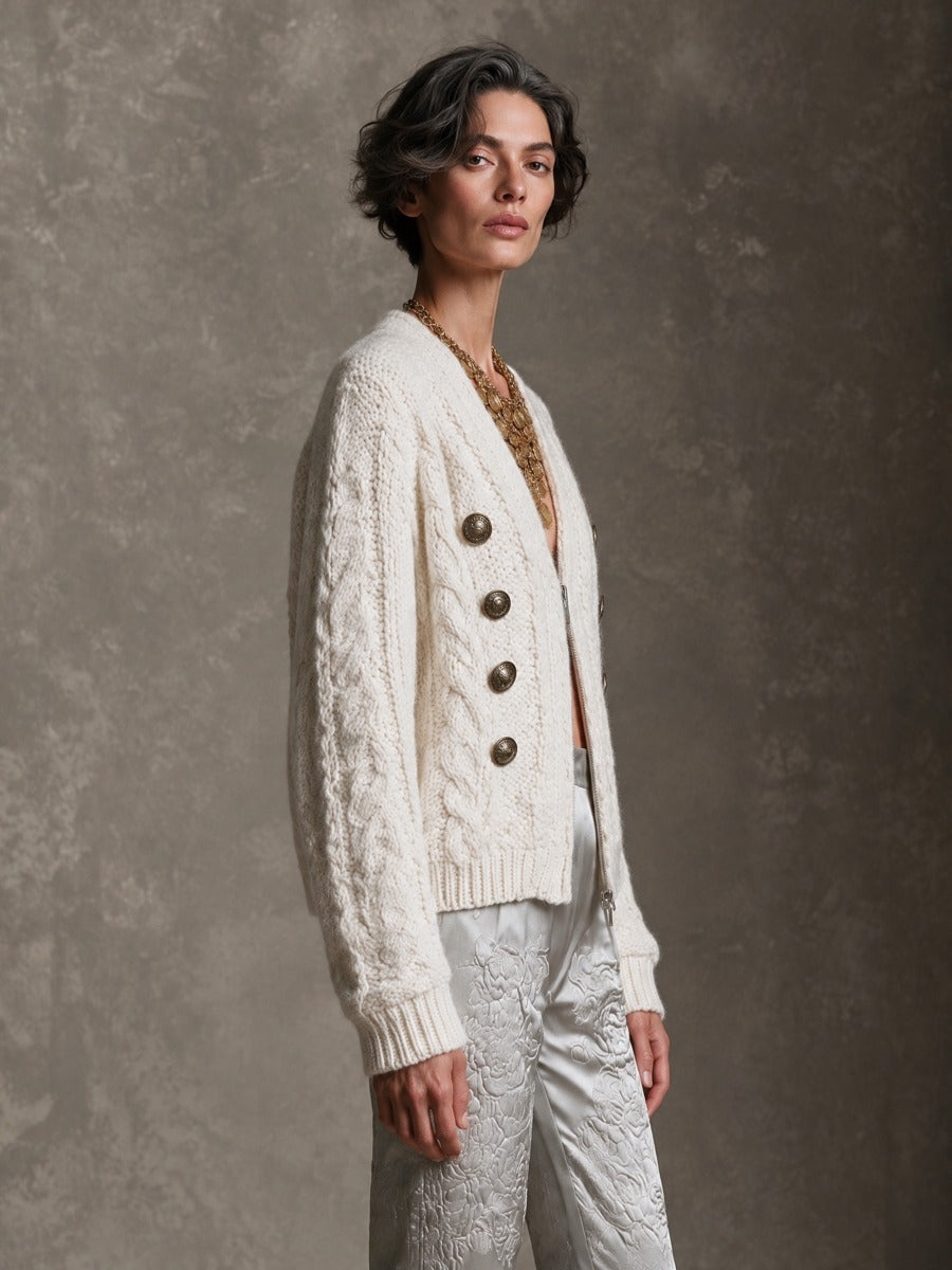 Women's Ivory Chunky Cable Knit Zip-Up Cardigan