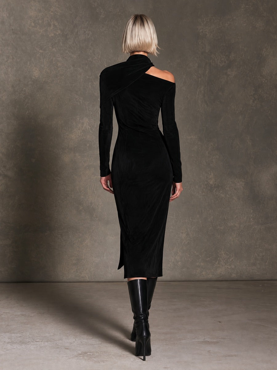 Women's Black Velvet Draped Cut-Out Shoulder Midi Dress With Side Slit