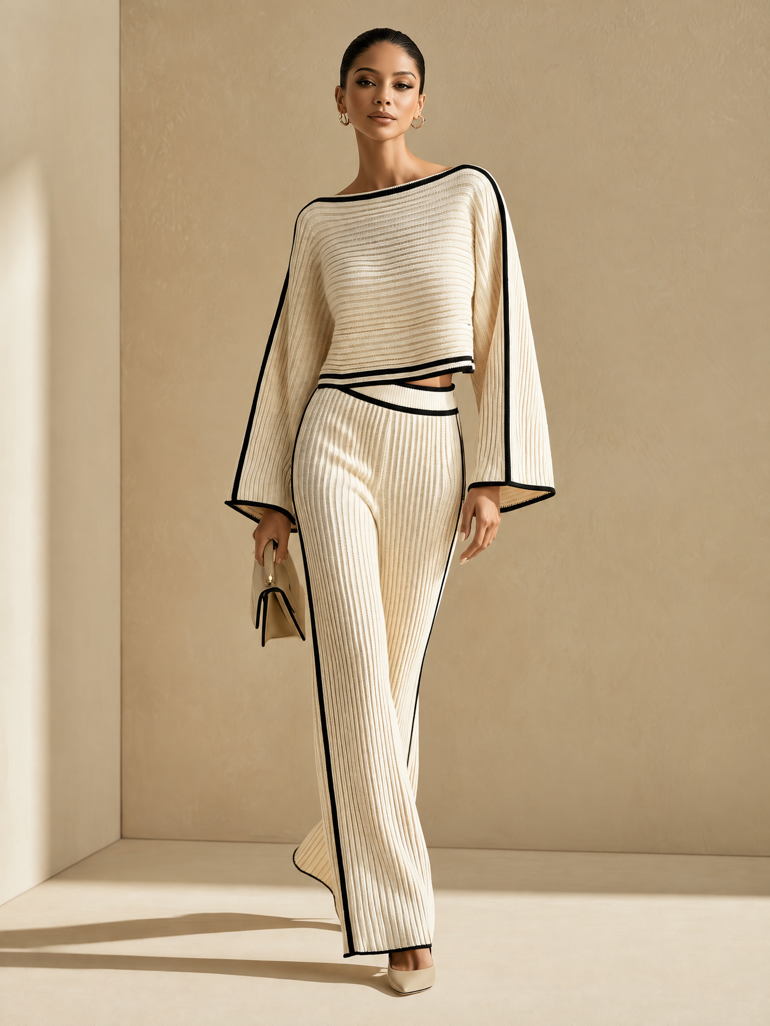 Women's Cream Knit Two-Piece Set with Black Contrast Trim