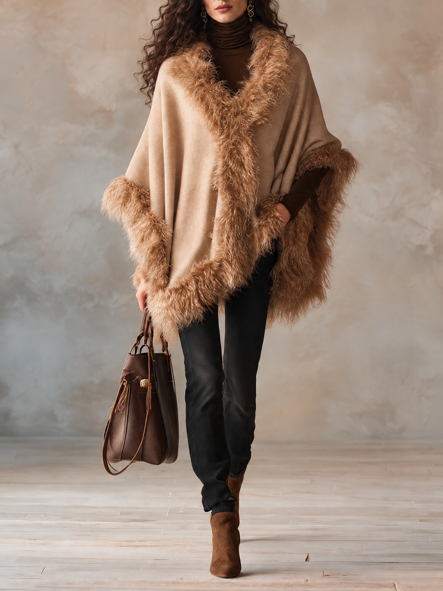 Women's Wool-Blend Cape Coat With Faux Fur Trim