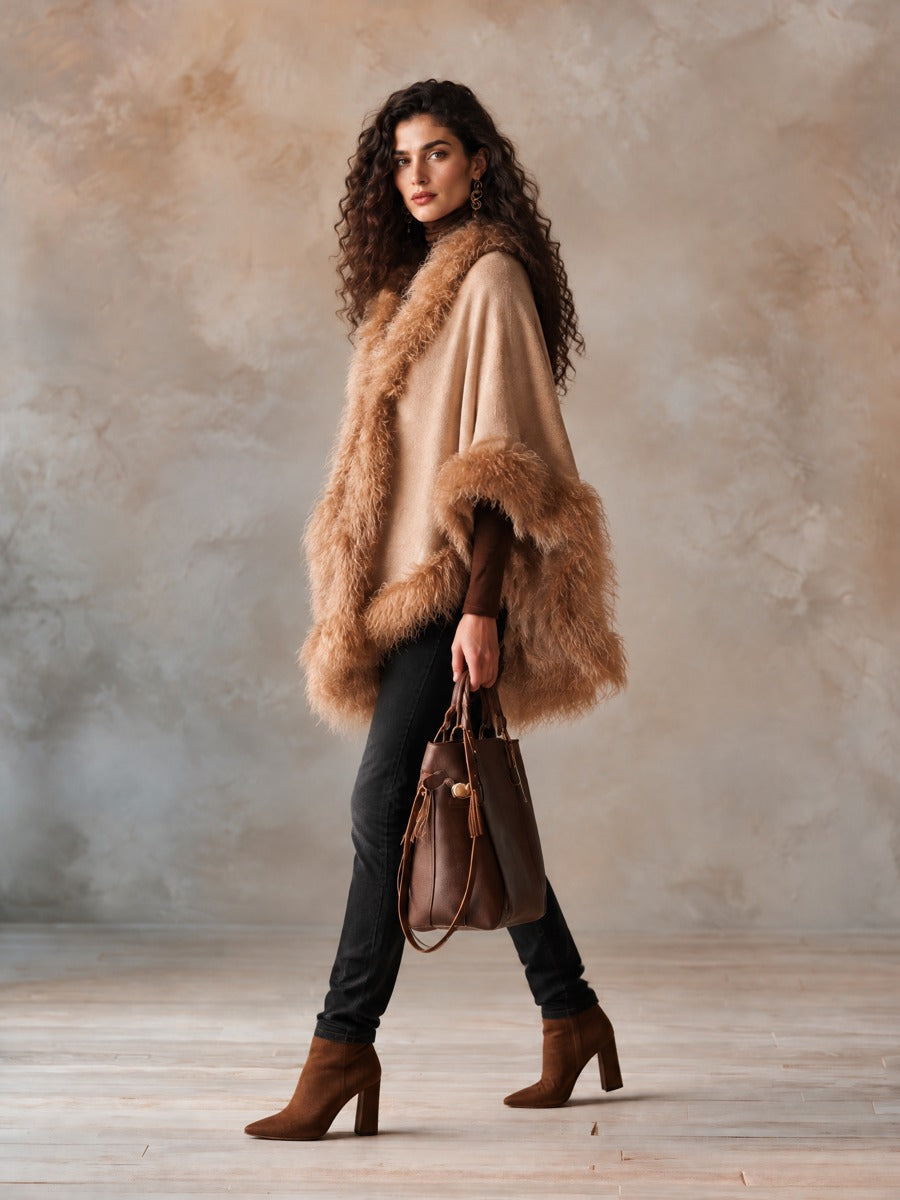 Women's Wool-Blend Cape Coat With Faux Fur Trim