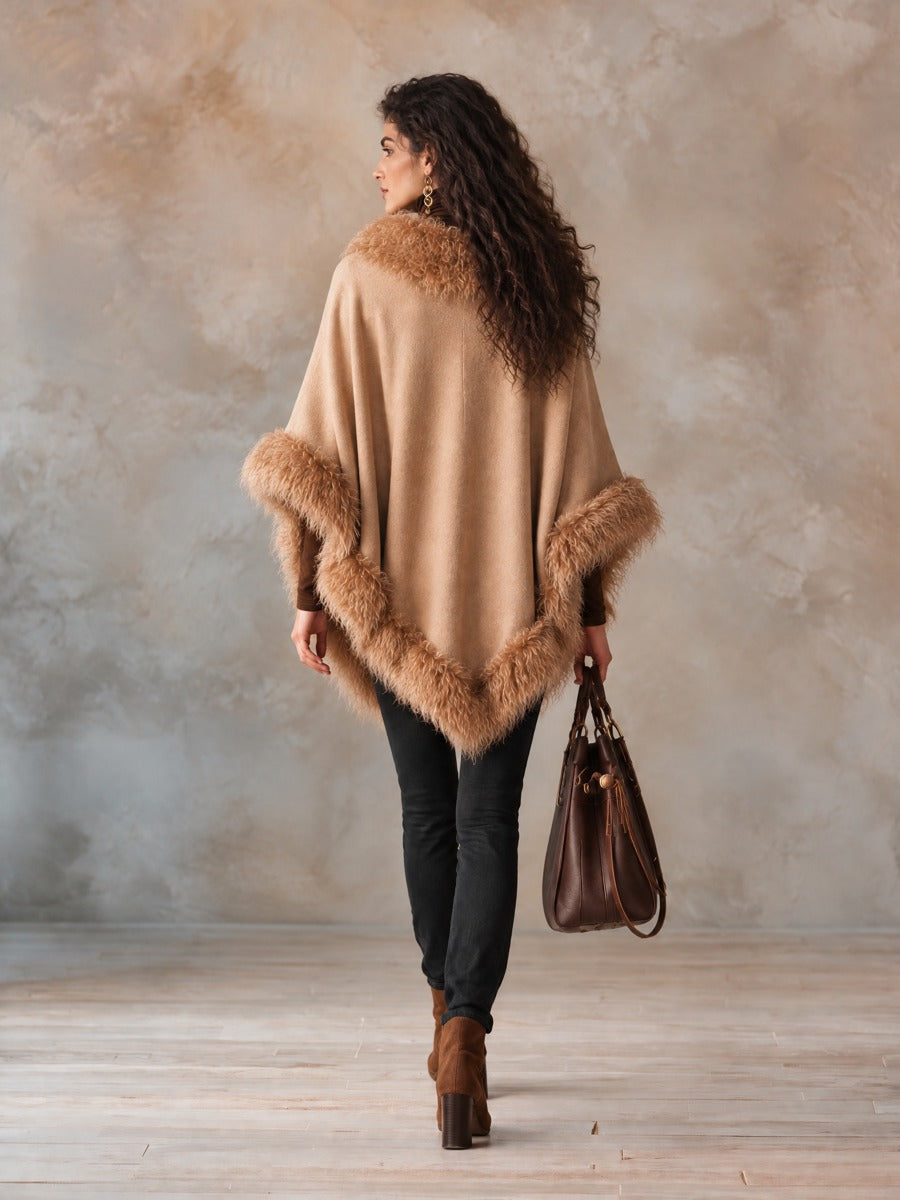 Women's Wool-Blend Cape Coat With Faux Fur Trim