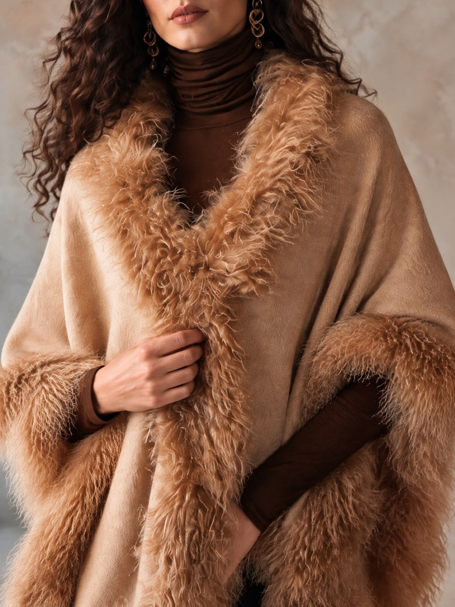 Women's Wool-Blend Cape Coat With Faux Fur Trim