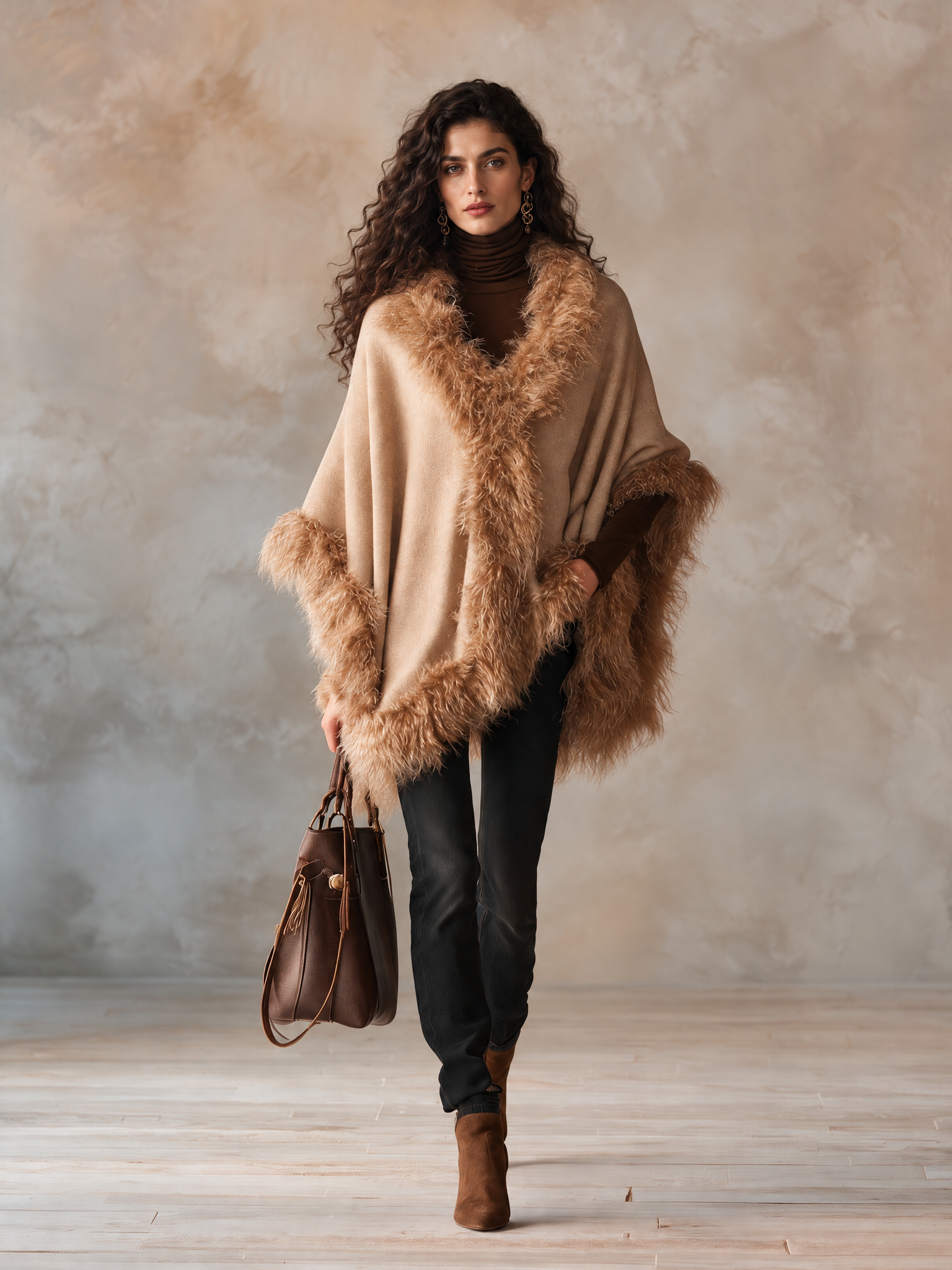 Women's Wool-Blend Cape Coat With Faux Fur Trim