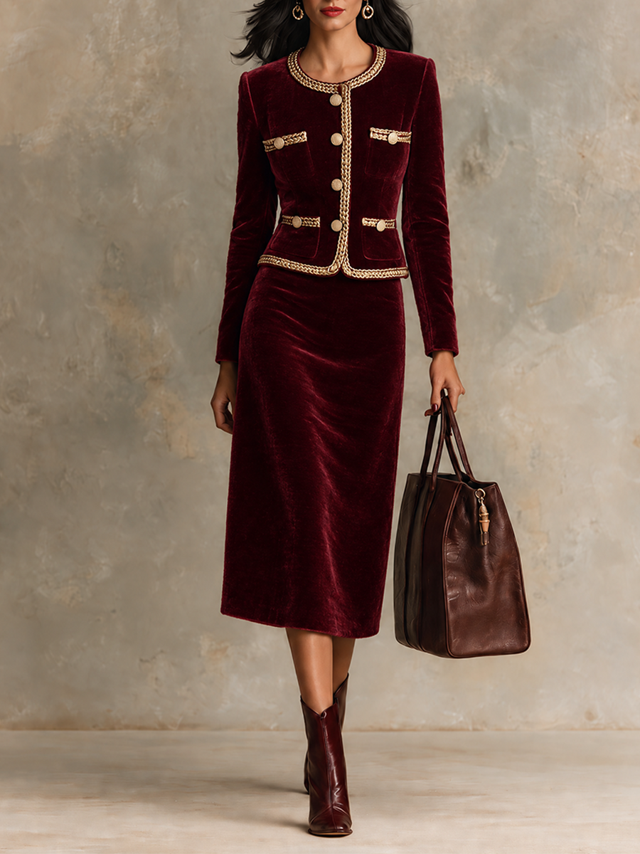 Women's Velvet Two-Piece Set With Webbing Trim