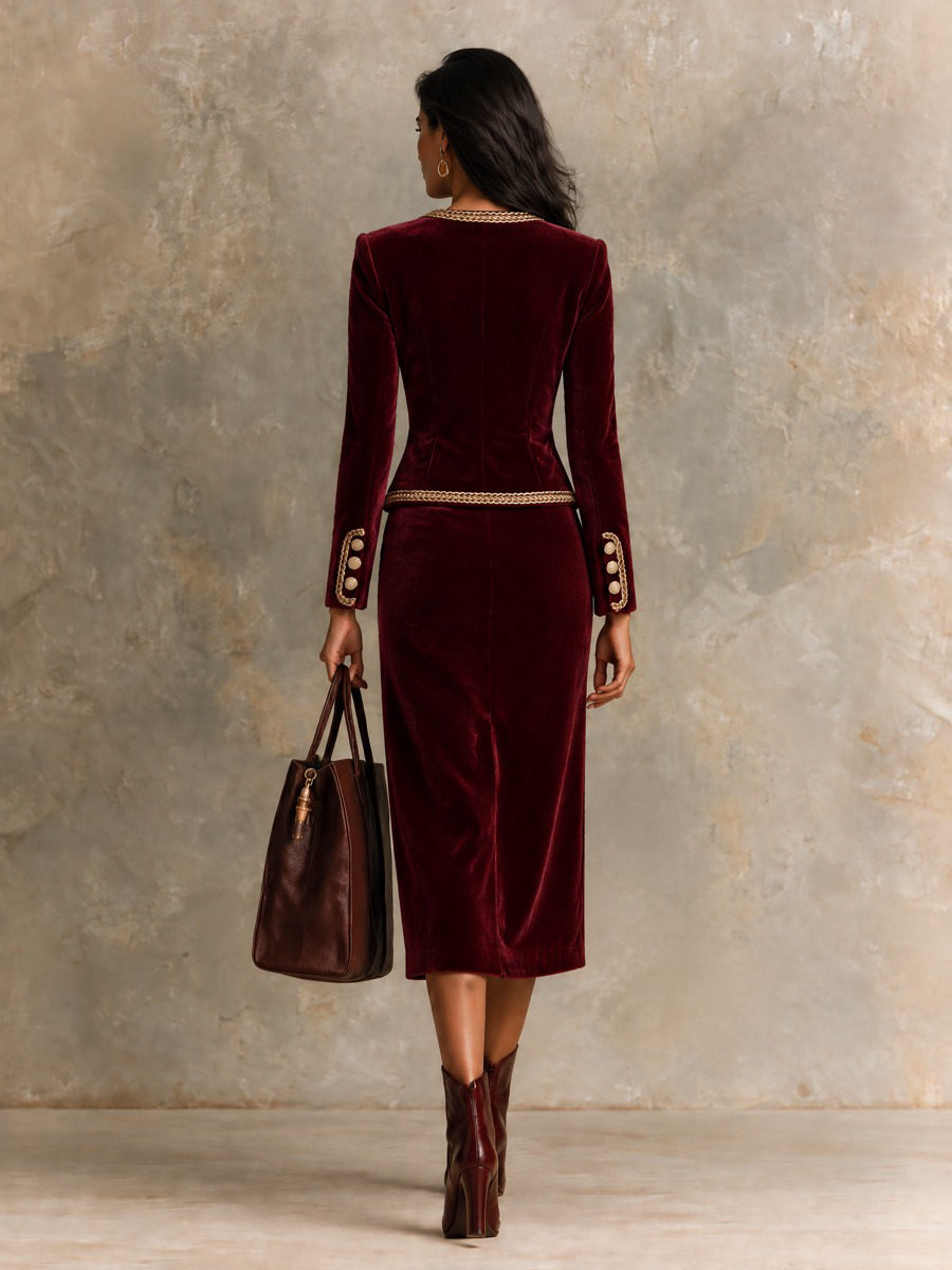 Women's Velvet Two-Piece Set With Webbing Trim