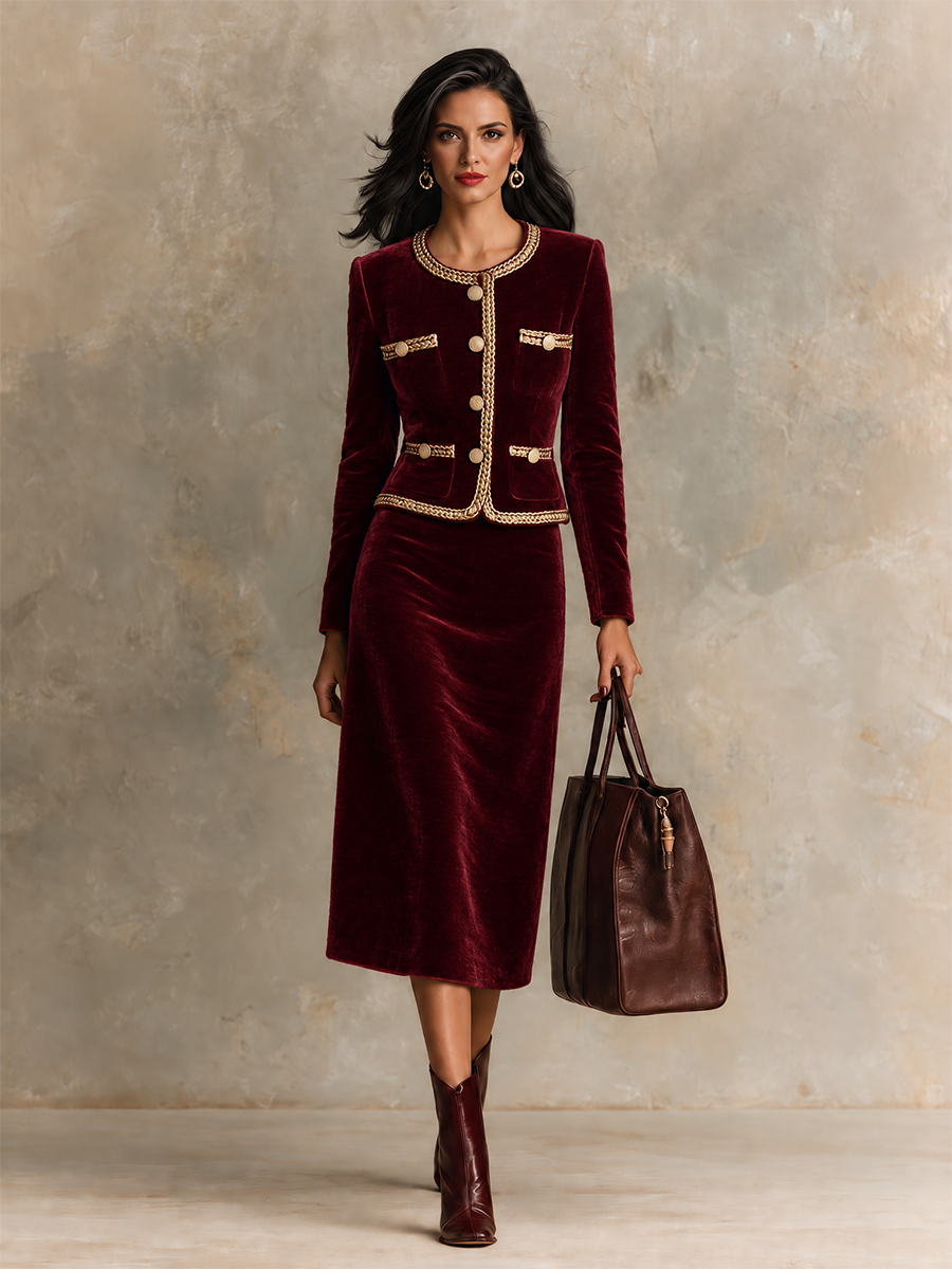 Women's Velvet Two-Piece Set With Webbing Trim
