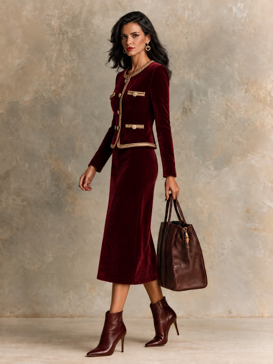 Women's Velvet Two-Piece Set With Webbing Trim