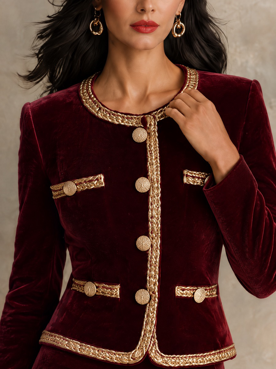 Women's Velvet Two-Piece Set With Webbing Trim