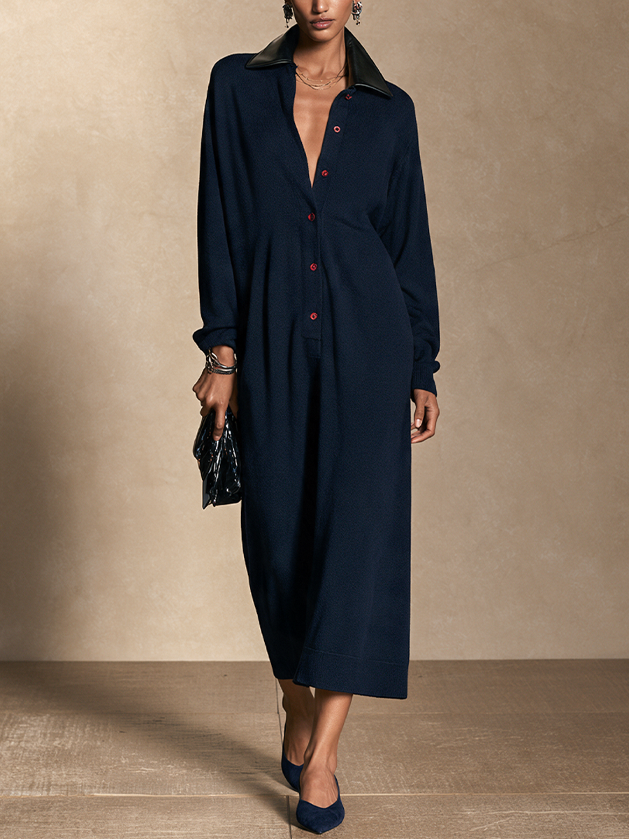 Women's Contrast Button Retro Leather Collar Long Dress
