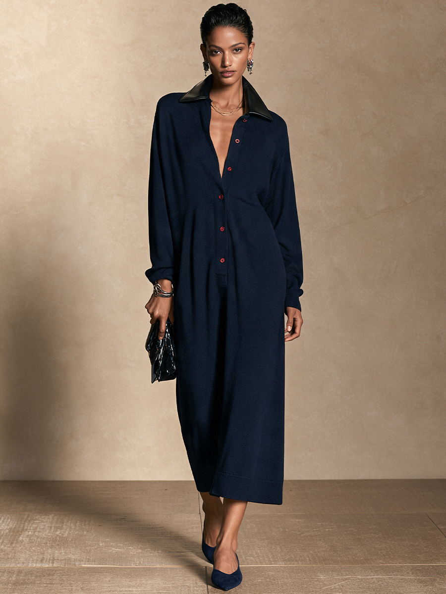 Women's Contrast Button Retro Leather Collar Long Dress
