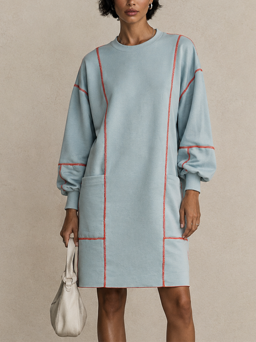 Women's Contrast Stitch Casual Crewneck Balloon Sleeve Mini Dress
