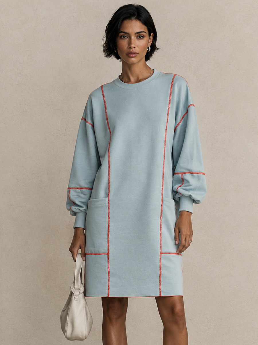 Women's Contrast Stitch Casual Crewneck Balloon Sleeve Mini Dress