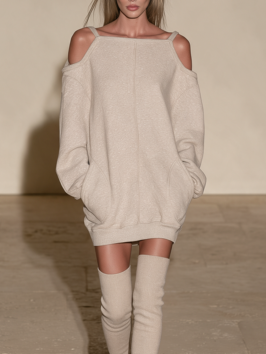 Women's Oatmeal Cold-Shoulder Oversized Sweatshirt Mini Dress