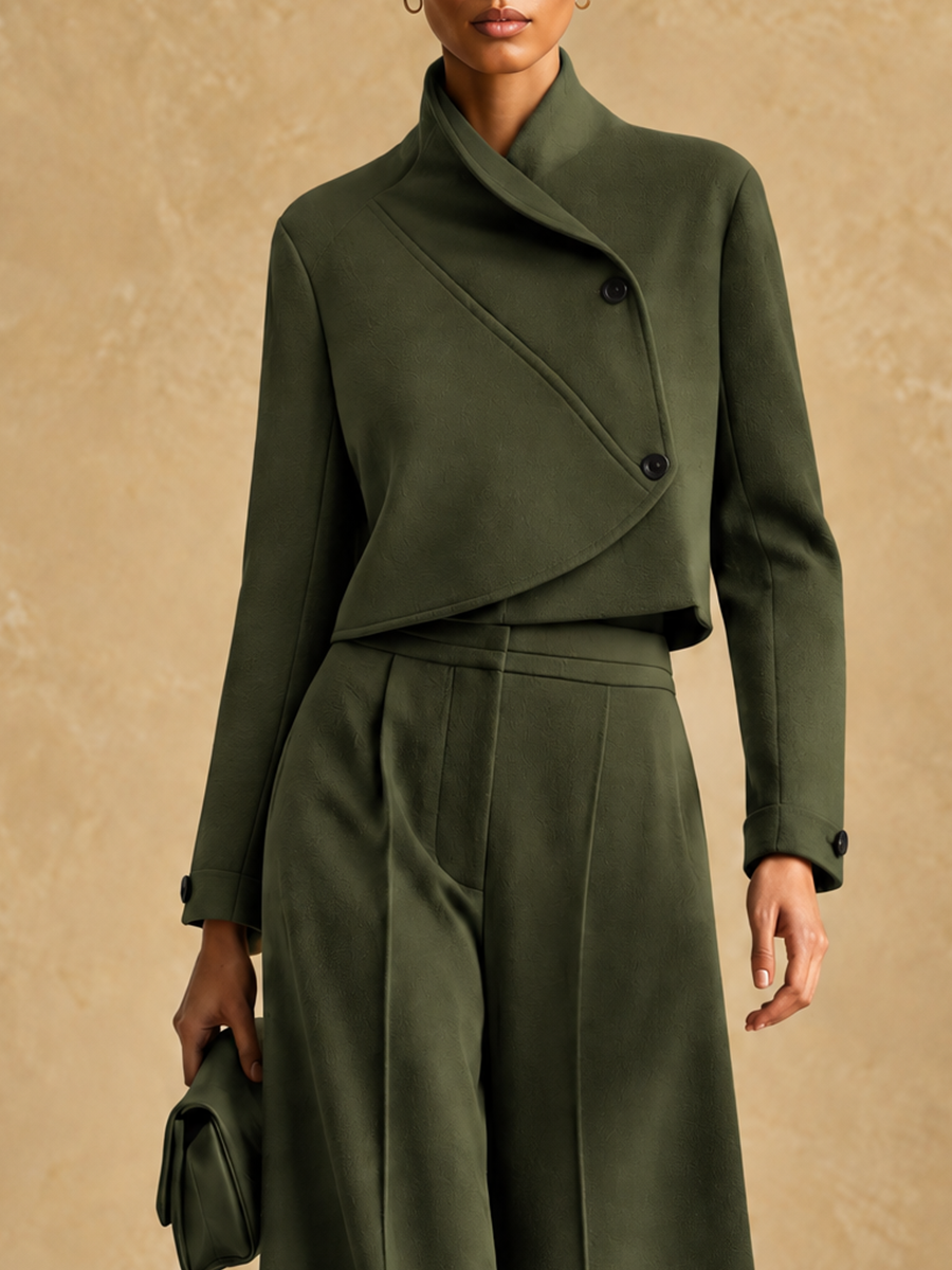 Women's Asymmetric Cropped Jacket and Wide-Leg Trousers Set