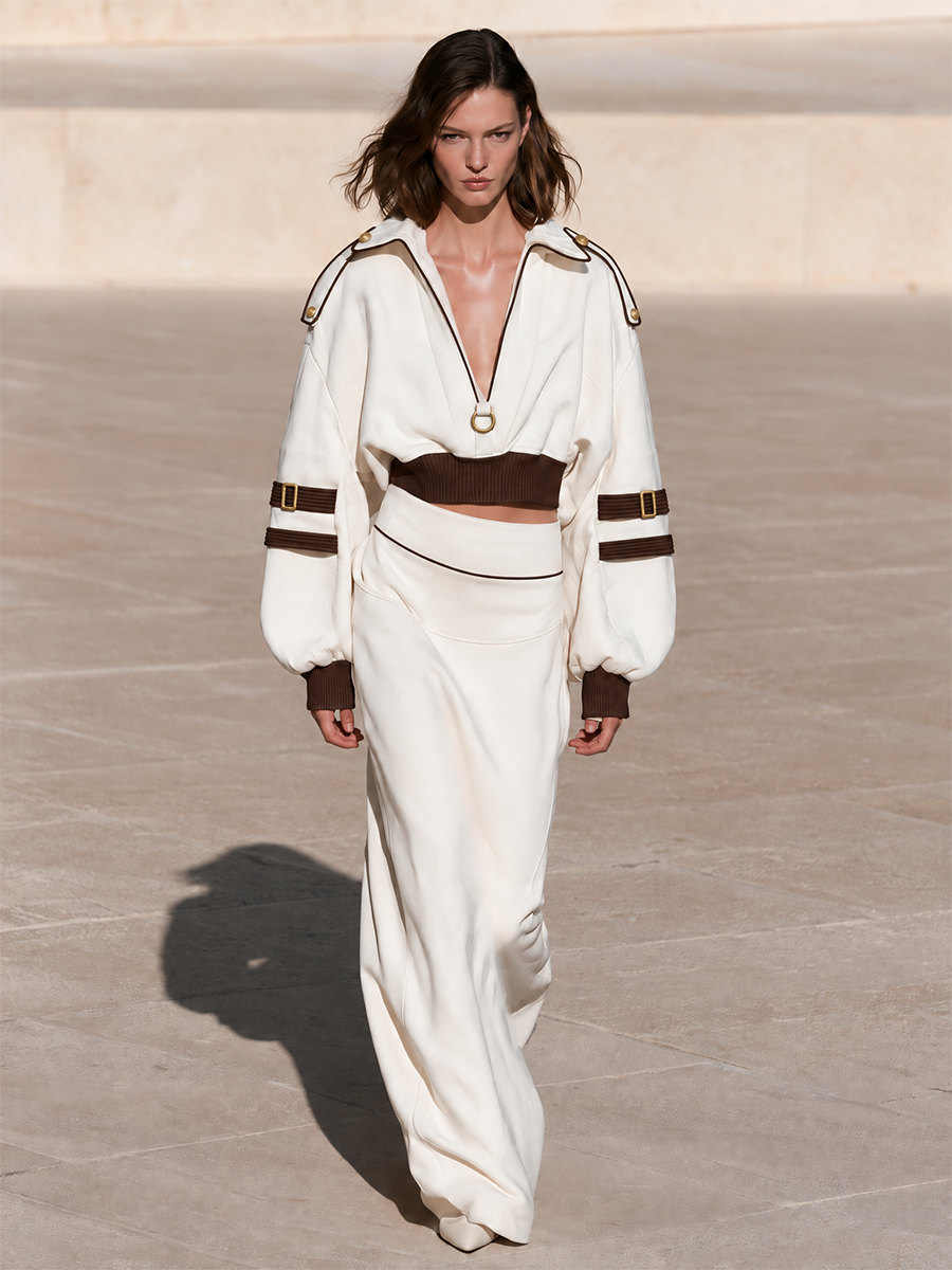 Women's Ivory Two-Piece Set Cropped Balloon Sleeve Pullover Top With Maxi Skirt