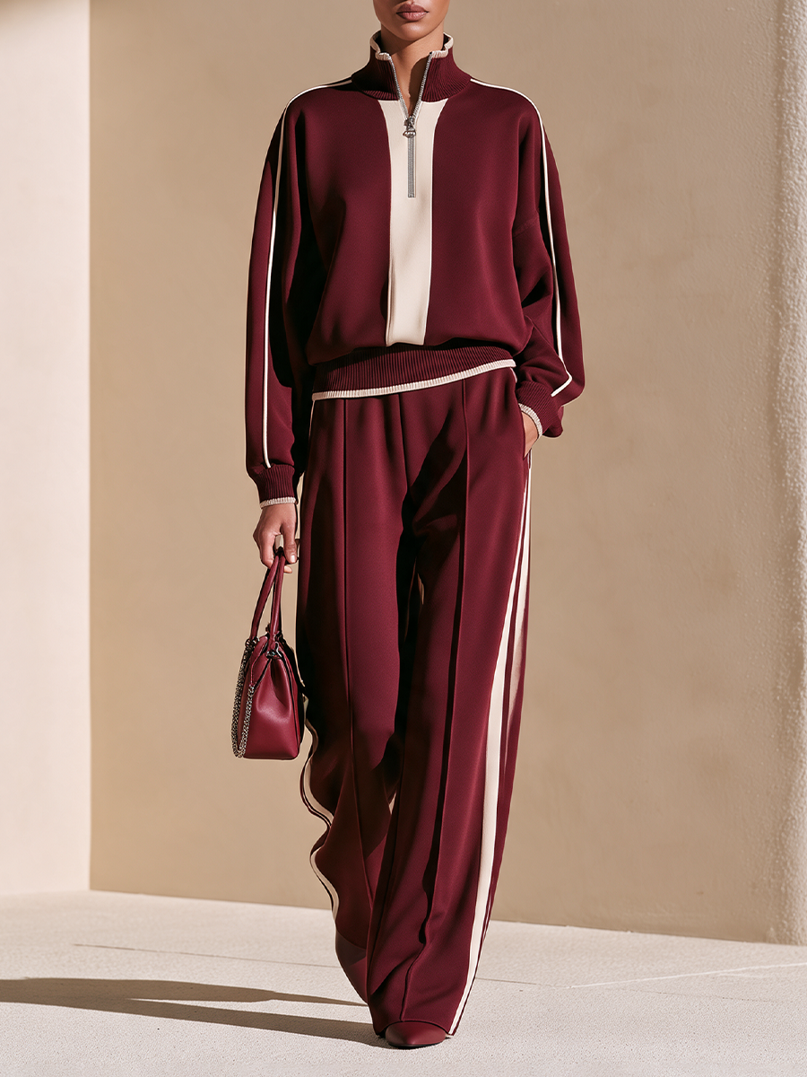 Women's Half-Zip Stand Collar Top and Wide-Leg Track Pants Set