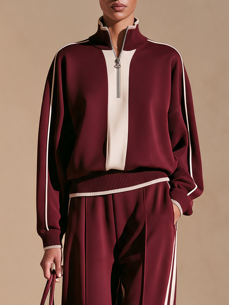 Women's Half-Zip Stand Collar Top and Wide-Leg Track Pants Set