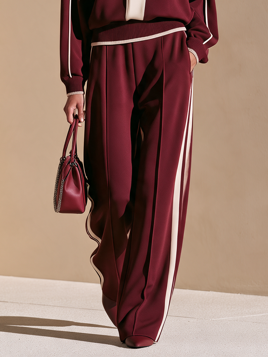 Women's Half-Zip Stand Collar Top and Wide-Leg Track Pants Set