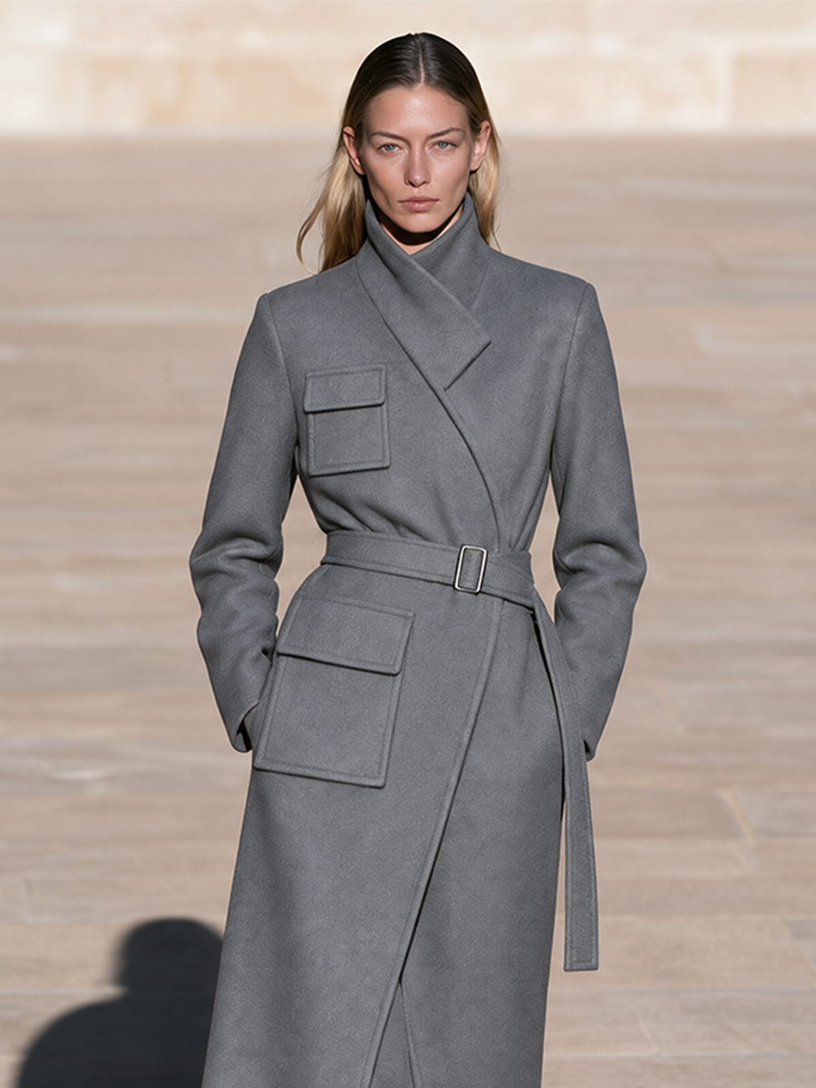 Women's Grey Belted Wrap Long Coat with Stand Collar and Flap Pockets