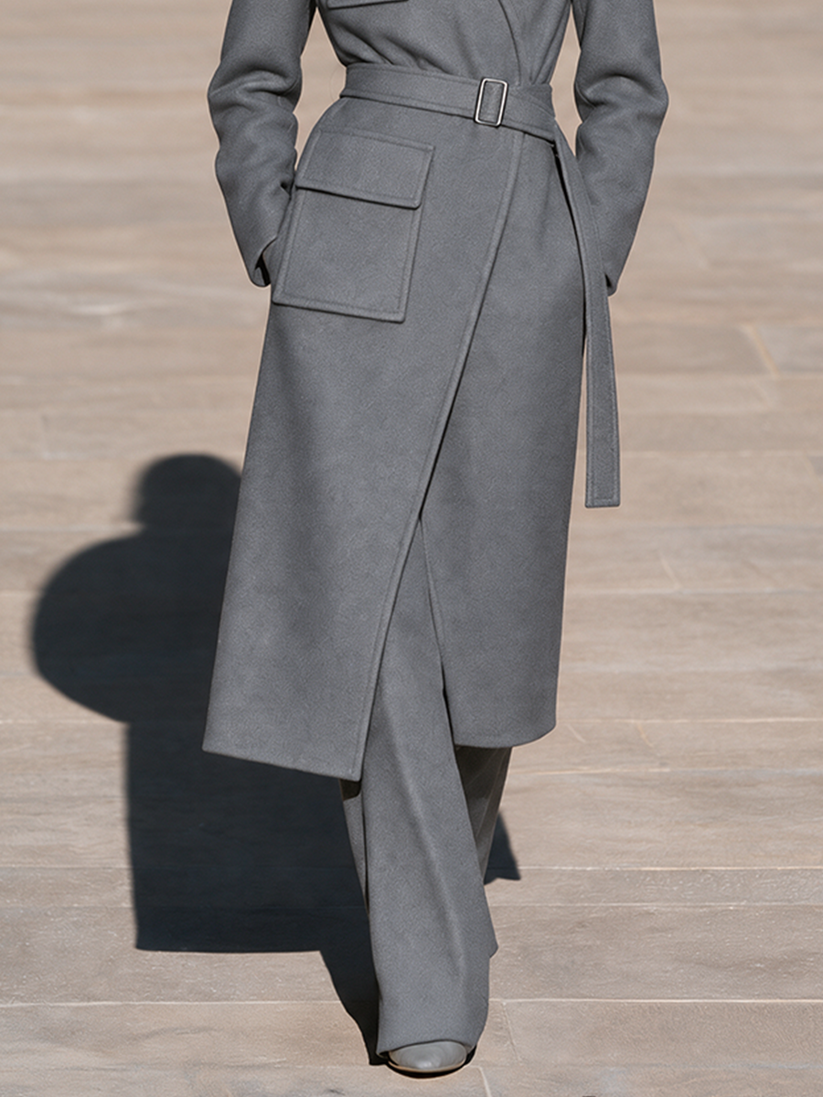 Women's Grey Belted Wrap Long Coat with Stand Collar and Flap Pockets