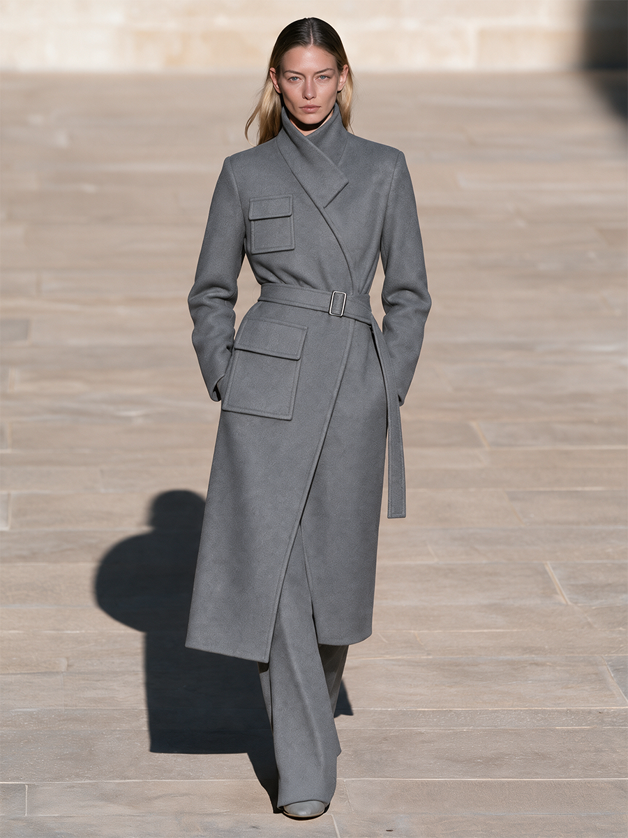 Women's Grey Belted Wrap Long Coat with Stand Collar and Flap Pockets