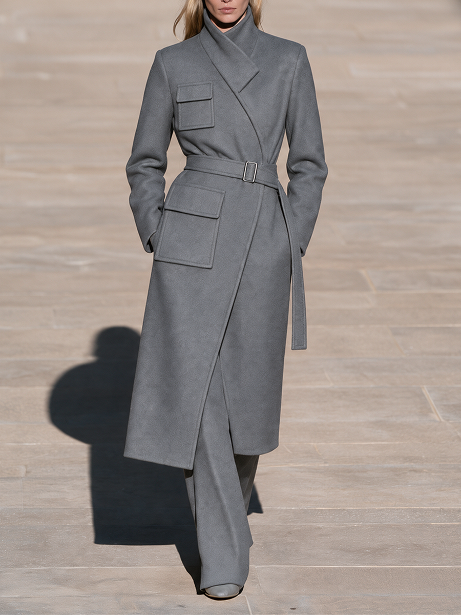 Women's Grey Belted Wrap Long Coat with Stand Collar and Flap Pockets