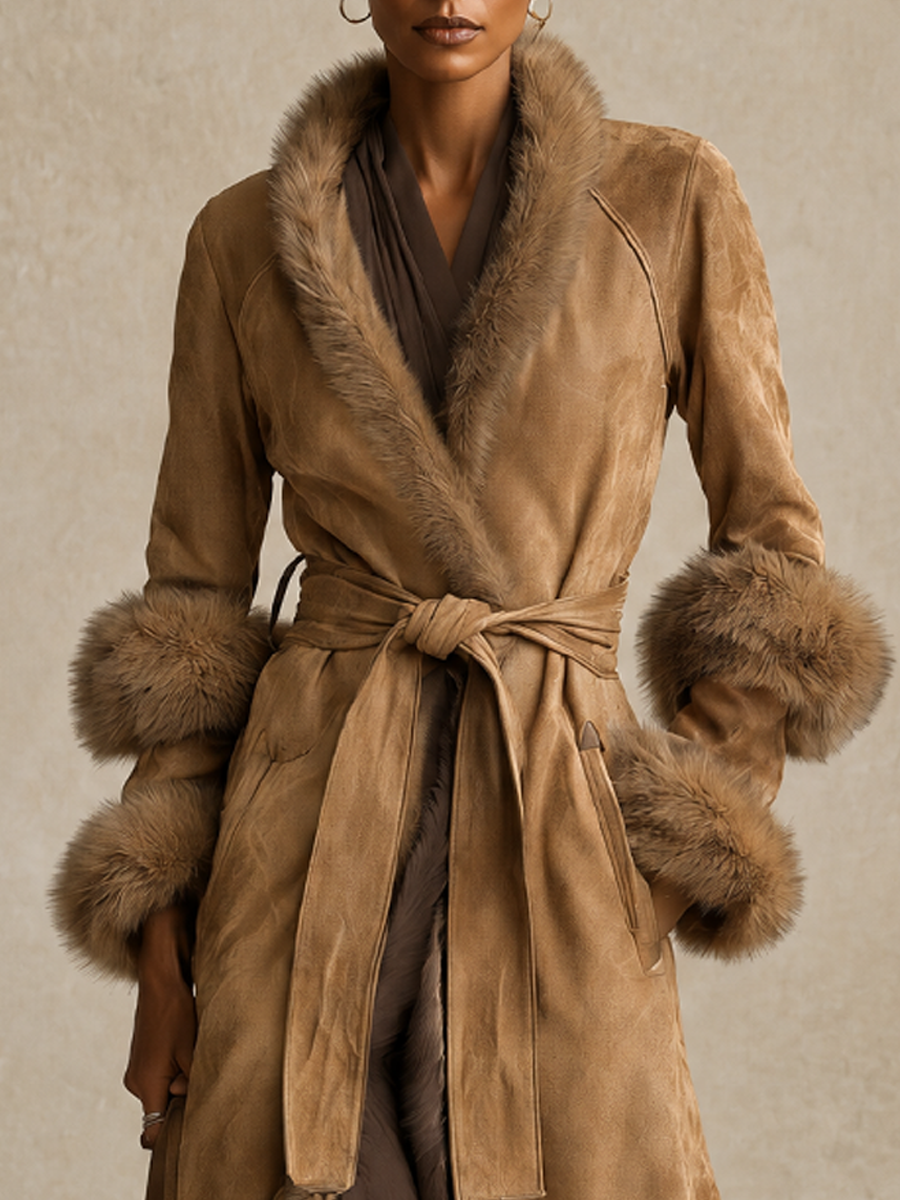 Women's Belted Wrap Maxi Coat with Faux Fur Trim Collar