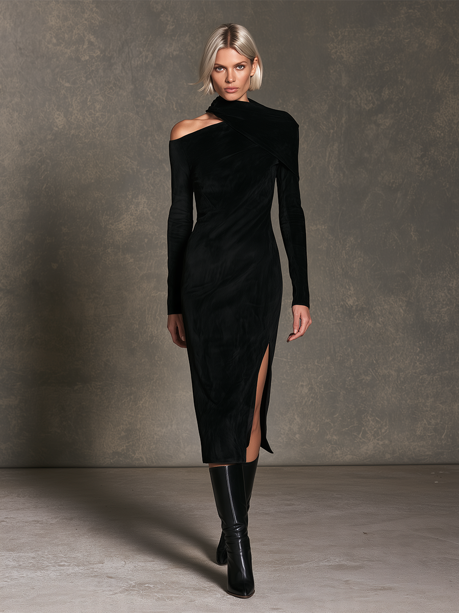 Women's Black Velvet Draped Cut-Out Shoulder Midi Dress With Side Slit