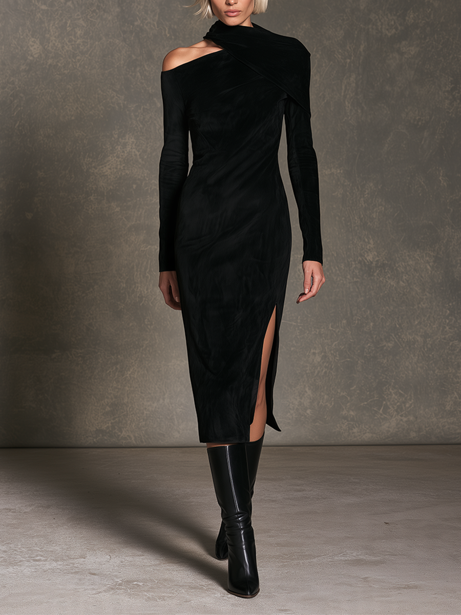 Women's Black Velvet Draped Cut-Out Shoulder Midi Dress With Side Slit