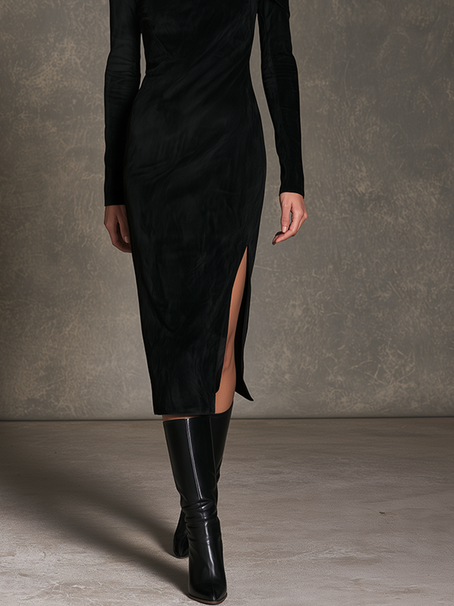 Women's Black Velvet Draped Cut-Out Shoulder Midi Dress With Side Slit
