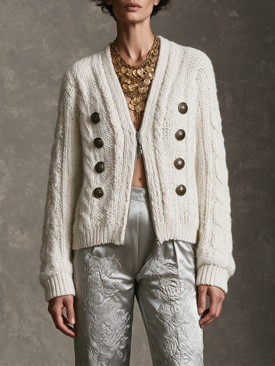 Women's Ivory Chunky Cable Knit Zip-Up Cardigan