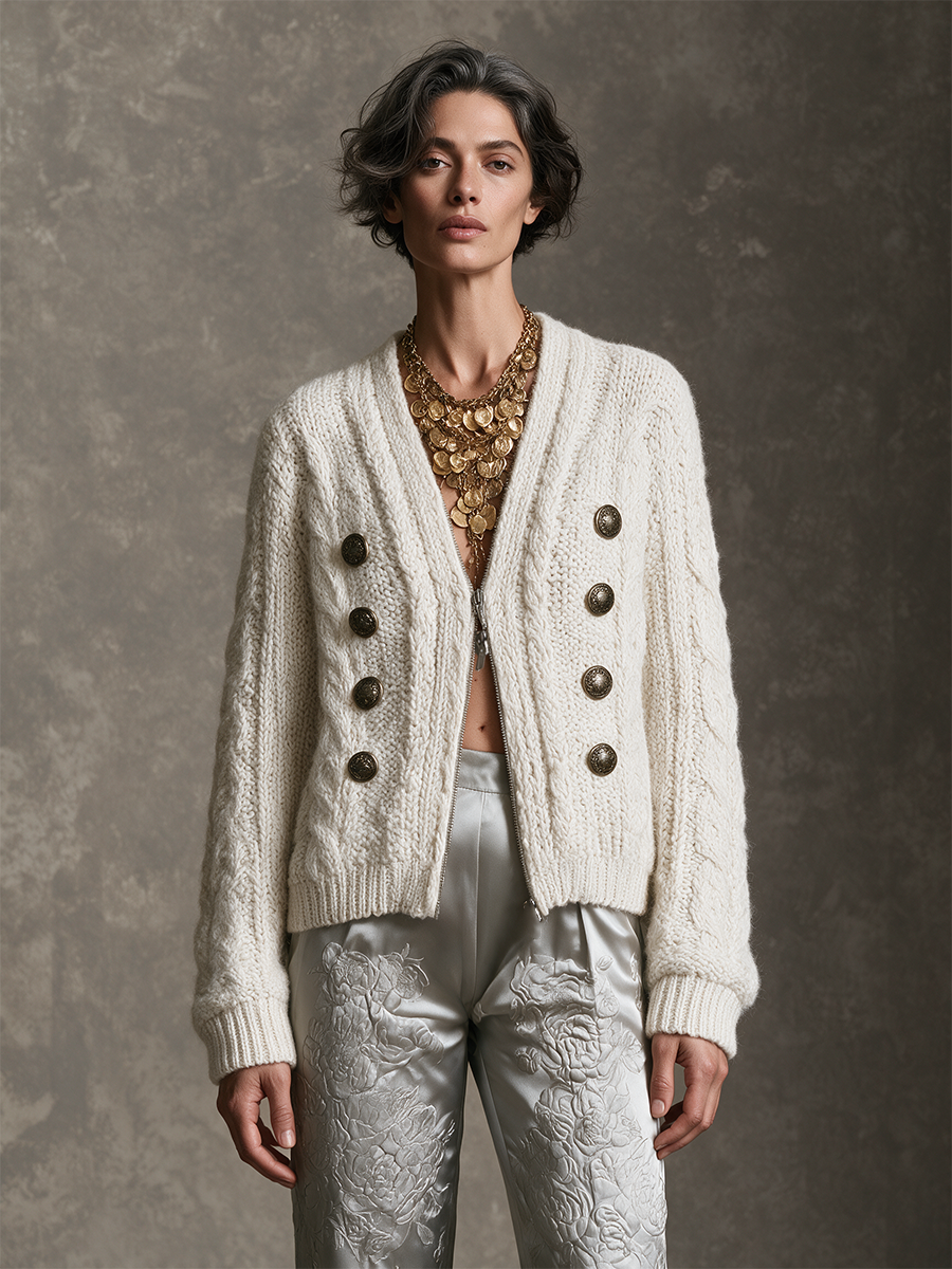 Women's Ivory Chunky Cable Knit Zip-Up Cardigan