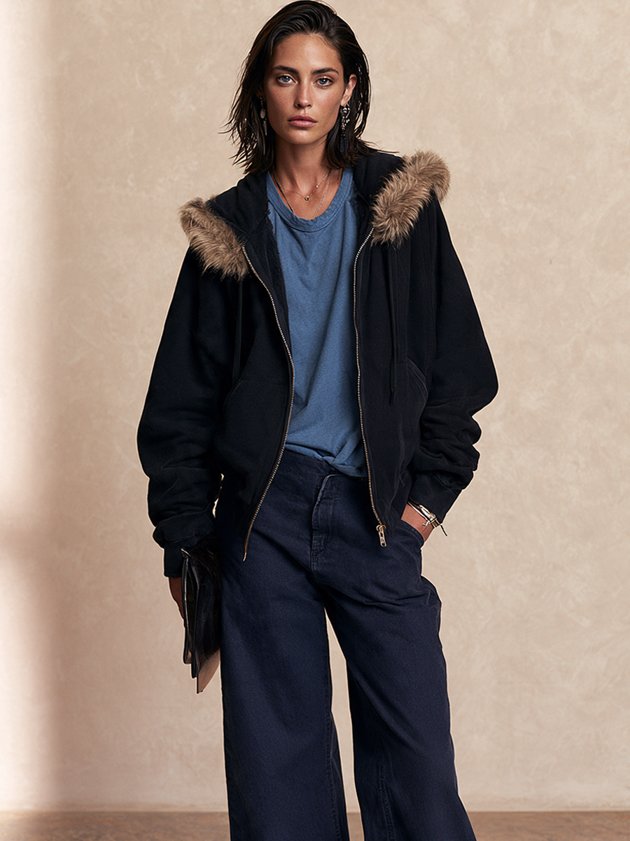 Women's Plush Trim Casual Hooded Drop Shoulder Jacket