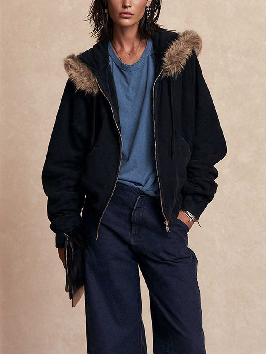 Women's Plush Trim Casual Hooded Drop Shoulder Jacket