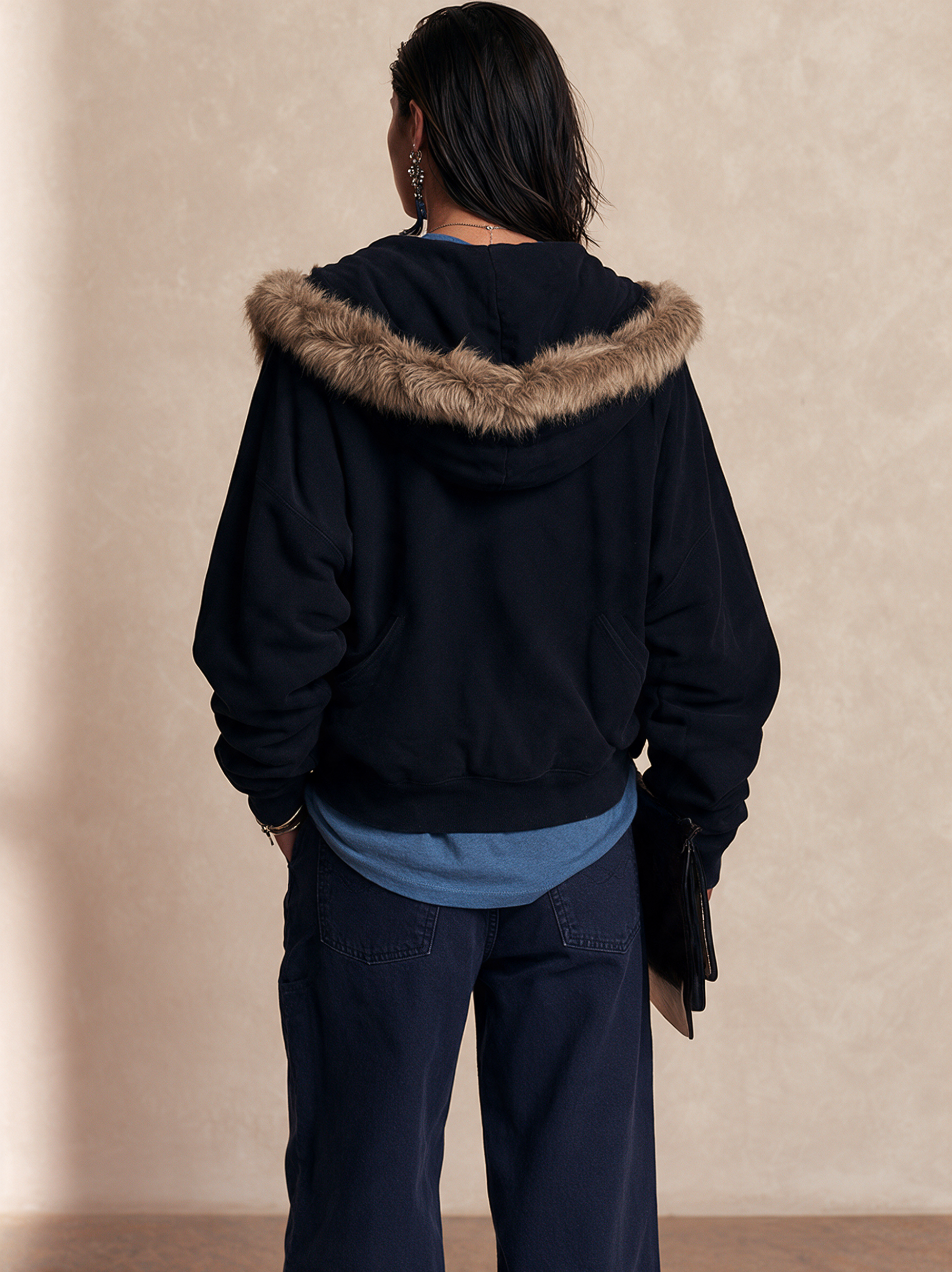 Women's Plush Trim Casual Hooded Drop Shoulder Jacket