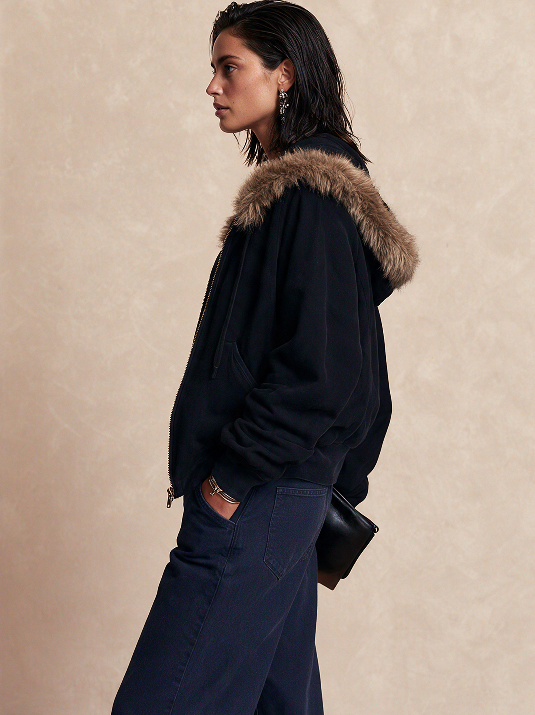 Women's Plush Trim Casual Hooded Drop Shoulder Jacket