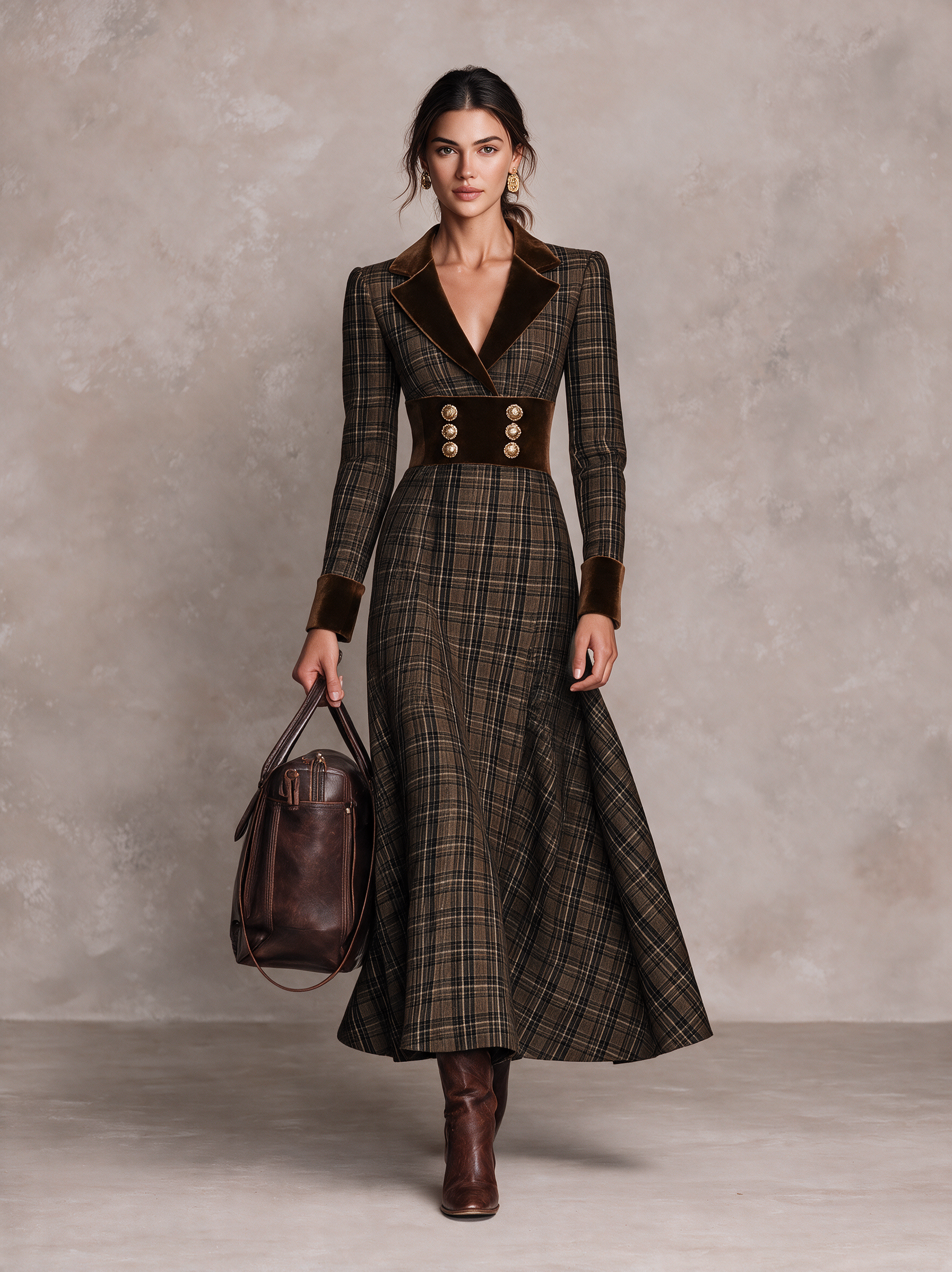 Women’s Plaid And Velvet-Paneled Midi Dress