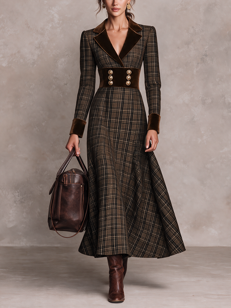 Women’s Plaid And Velvet-Paneled Midi Dress