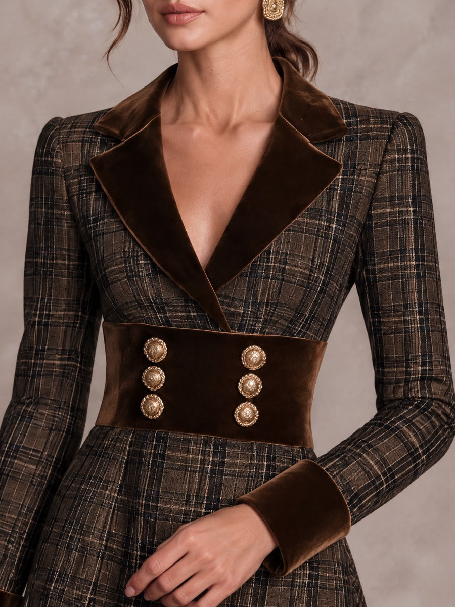 Women’s Plaid And Velvet-Paneled Midi Dress