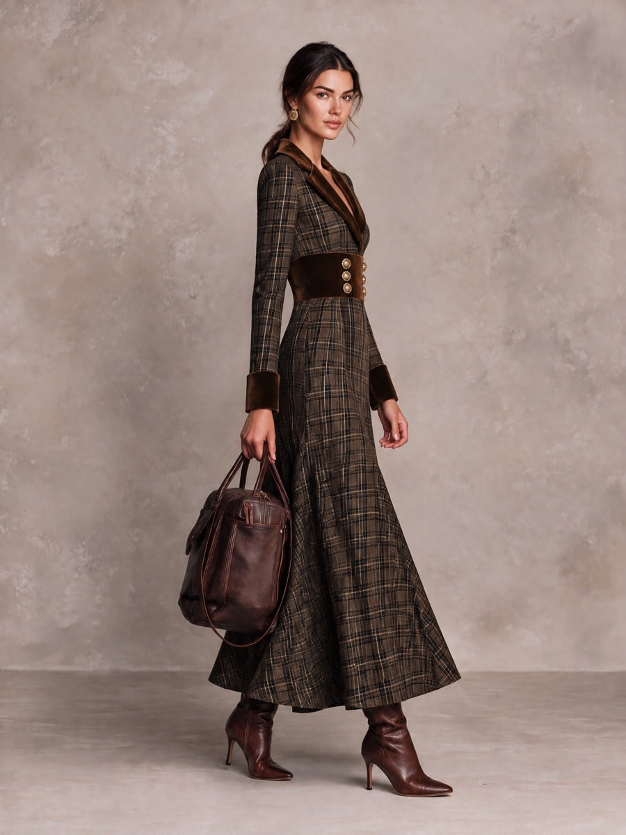 Women’s Plaid And Velvet-Paneled Midi Dress