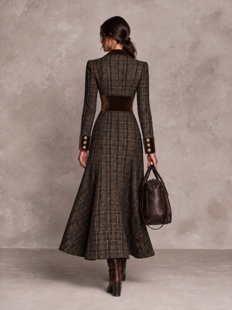 Women’s Plaid And Velvet-Paneled Midi Dress