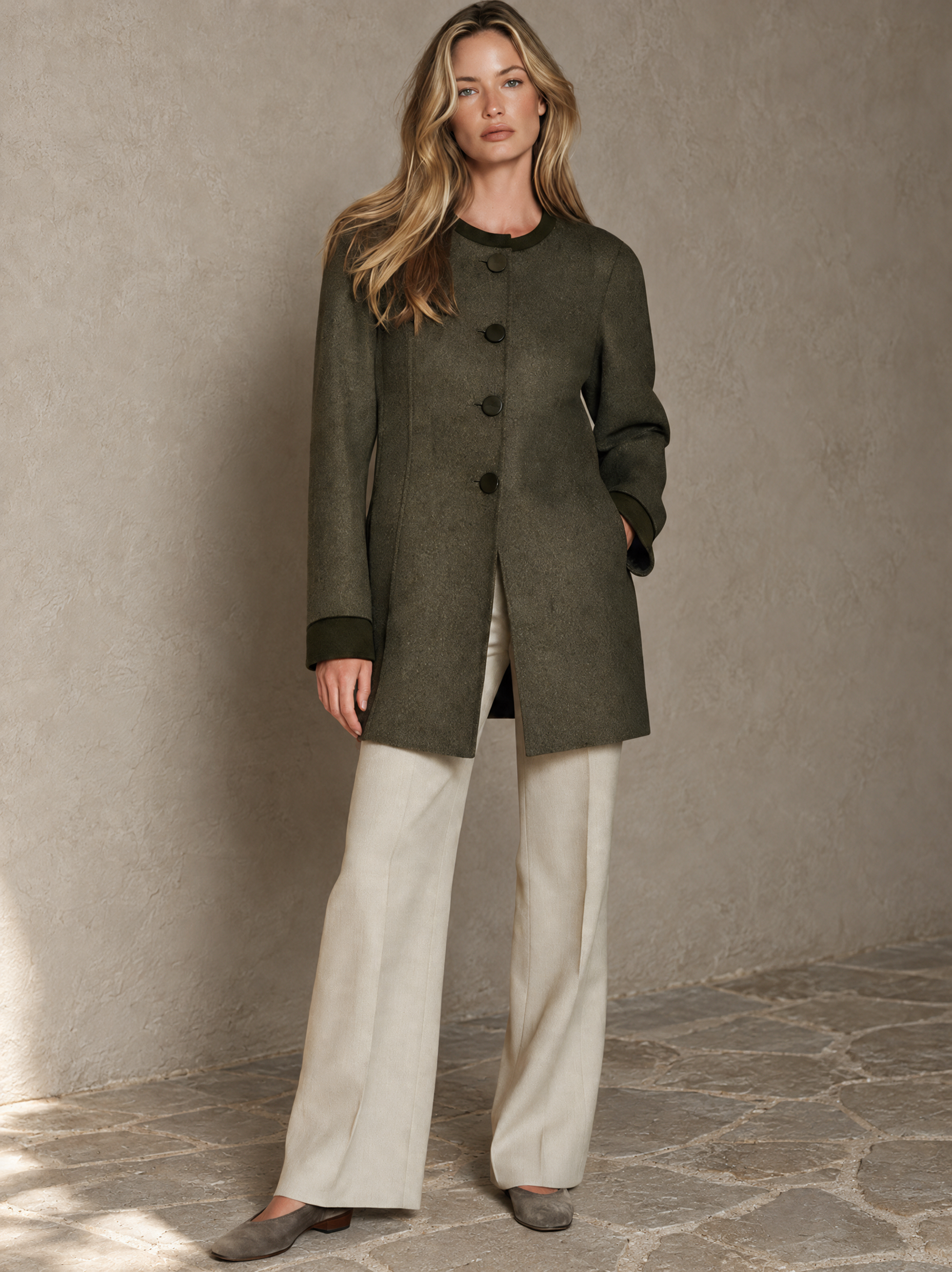 Women’s Crew-Neck Wool-Blend Coat With Contrast Trim