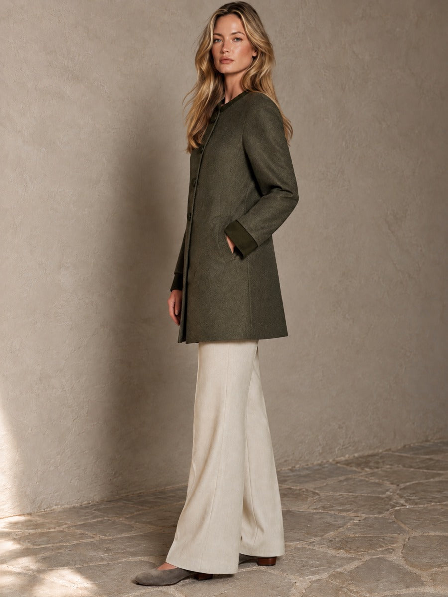 Women’s Crew-Neck Wool-Blend Coat With Contrast Trim